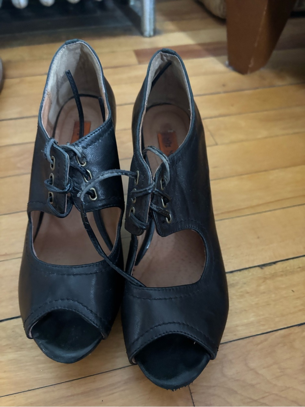 Miz Mooz Black Leather Peep-Toe Lace-Up Heels